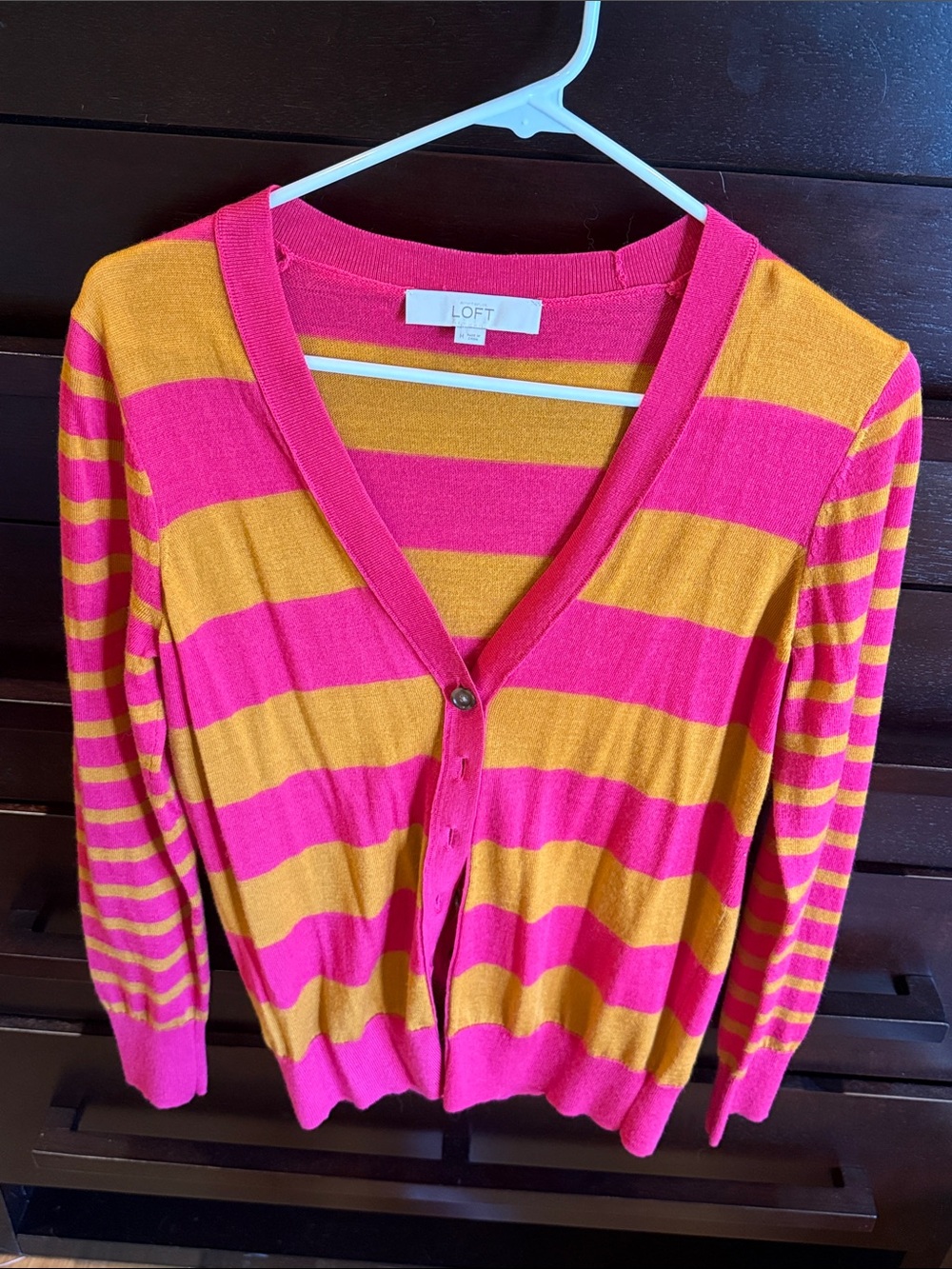 LOFT Pink and Mustard Striped V-Neck Cardigan